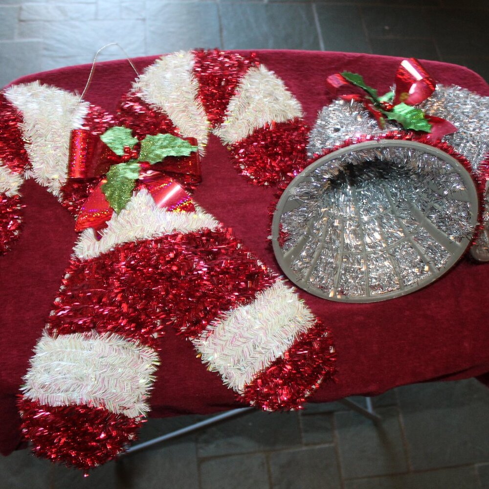 Vintage Holiday Tinsel Decor - a set of 9 inch Bells & 18 inch Candy Canes